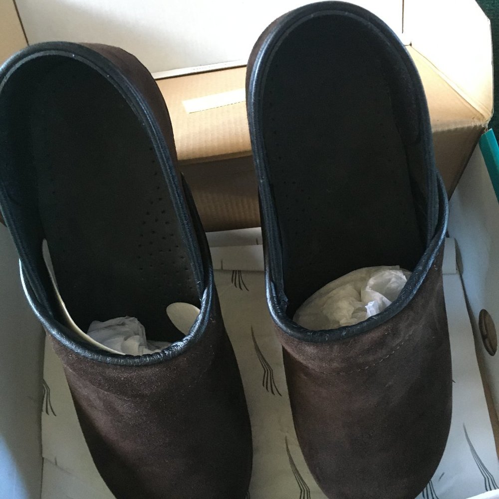 New brown suede Sanita clogs